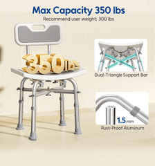 Metal bath chair with safety features and capacity details on a beige background