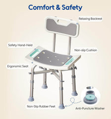 Medical bath chair with features labeled on a beige background
