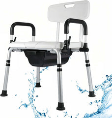 Shower chair with armrests and backrest shown with water splash graphics, highlighting water-resistant design