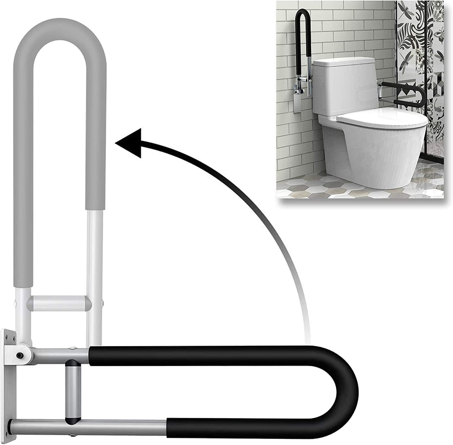 Folding toilet grab bar mounted beside a toilet, showing space-saving hinged design for bathroom support