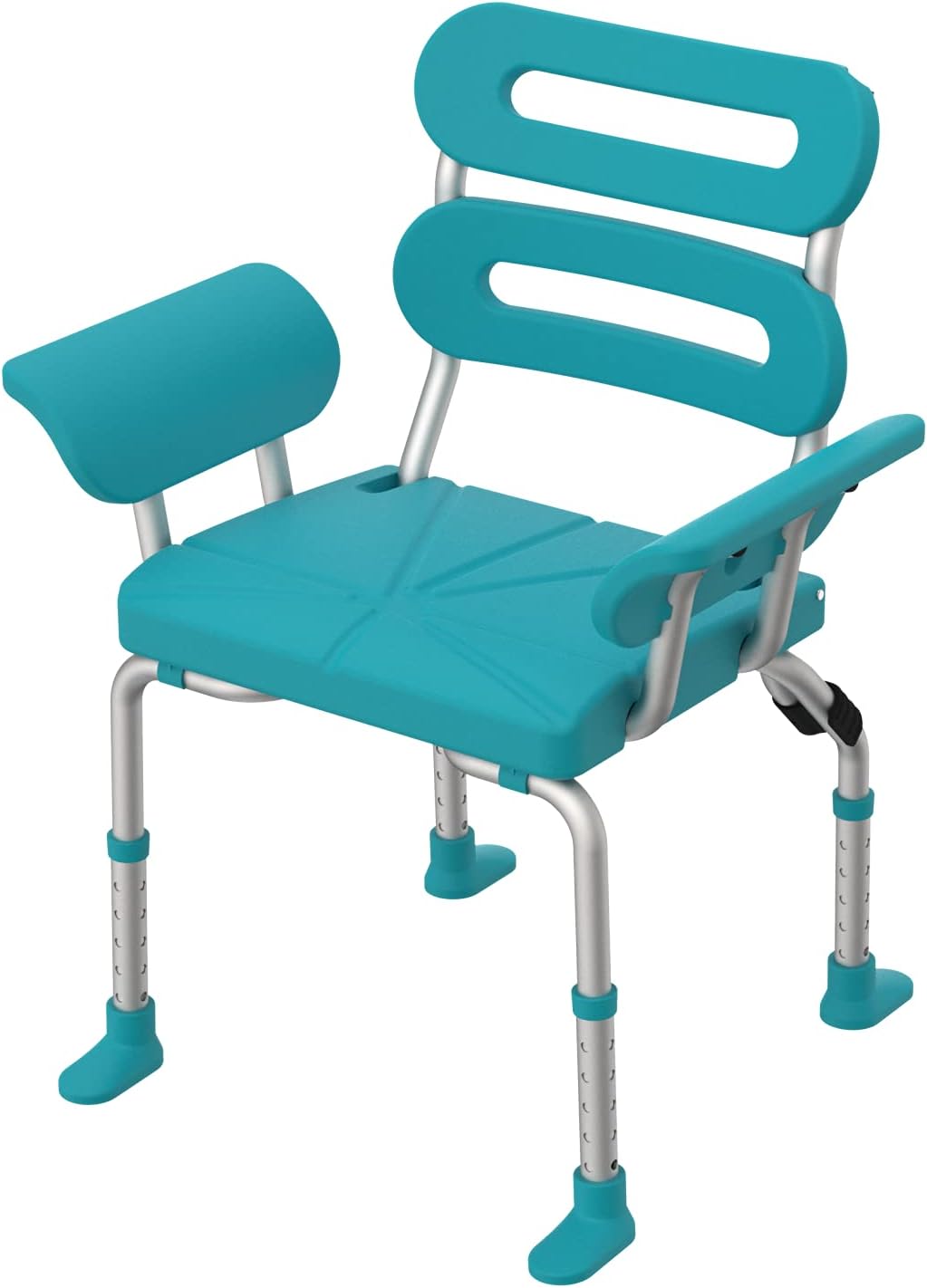 Turquoise shower chair with adjustable legs on a white background