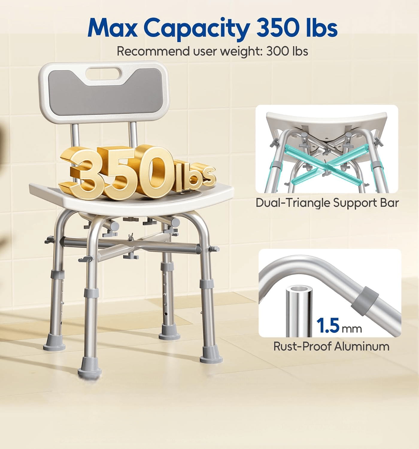 Metal bath chair with safety features and capacity details on a beige background