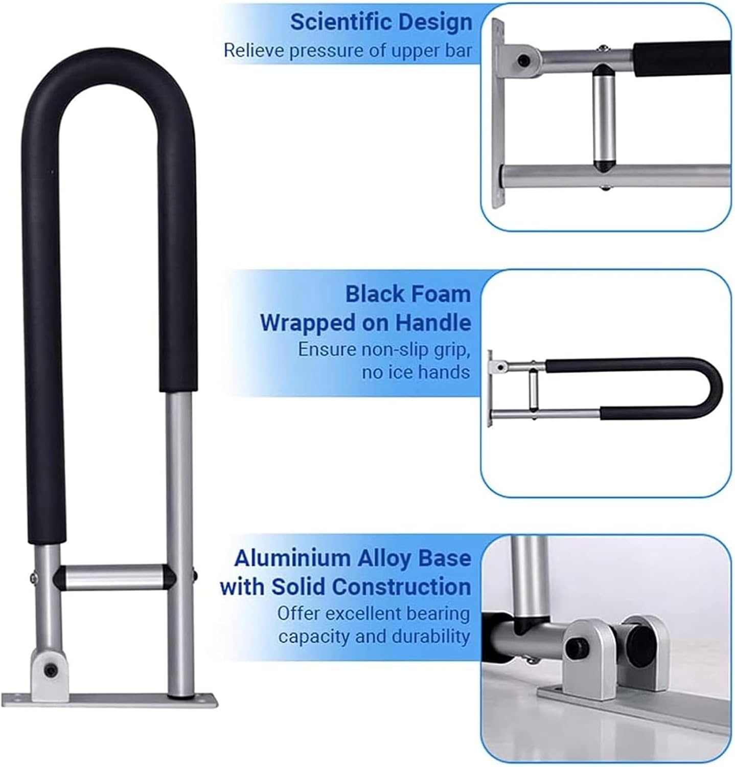 Folding toilet grab bar detail image showing foam-wrapped handle, hinge mechanism, and aluminum base construction