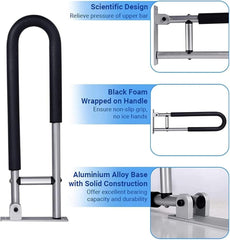 Folding toilet grab bar detail image showing foam-wrapped handle, hinge mechanism, and aluminum base construction