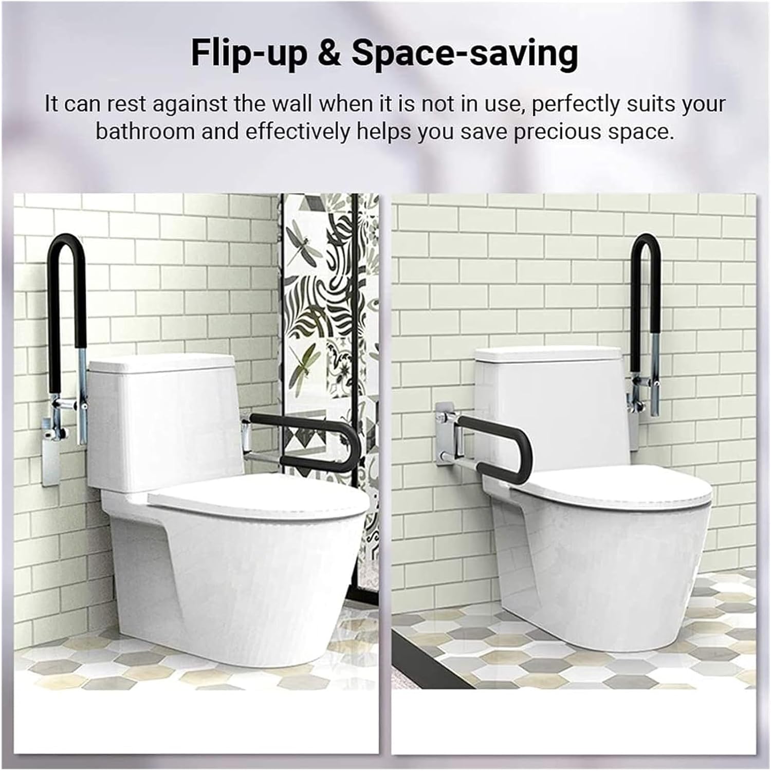 Folding toilet grab bar shown in both upright and lowered positions beside a toilet, demonstrating flip-up space-saving design