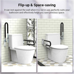 Folding toilet grab bar shown in both upright and lowered positions beside a toilet, demonstrating flip-up space-saving design