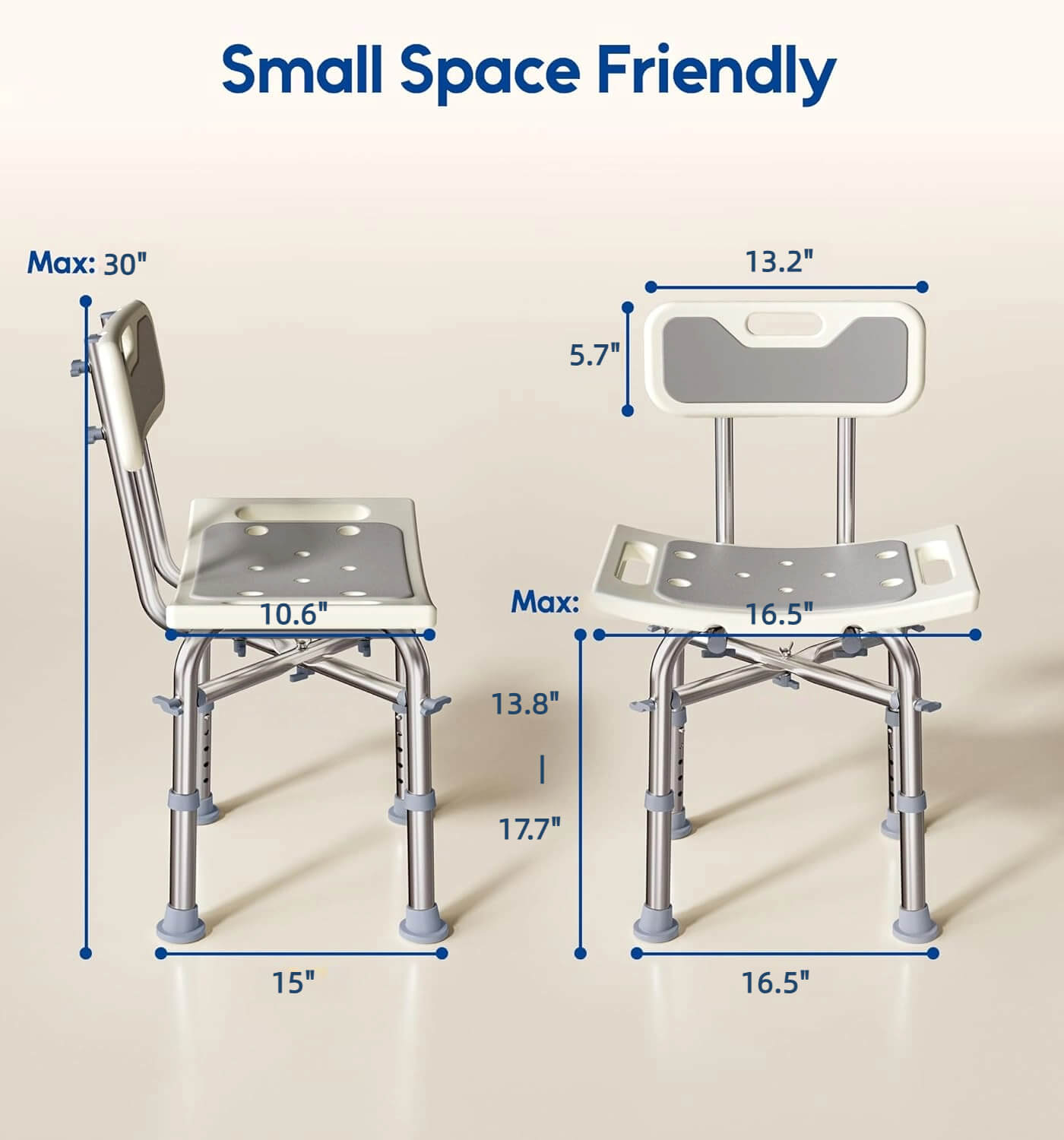 Measurement chart of a small space friendly shower chair with dimensions on a beige background
