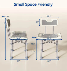 Measurement chart of a small space friendly shower chair with dimensions on a beige background