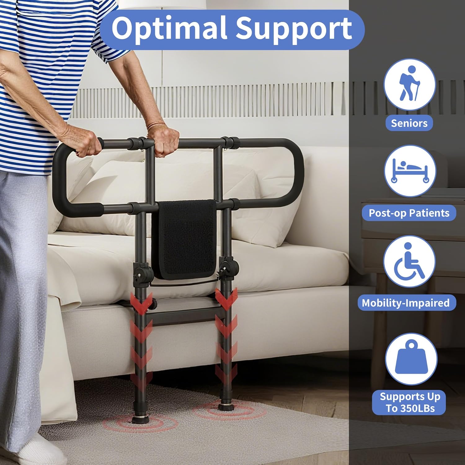 Adjustable bedside bed rail with sturdy support handles shown next to a sofa bed