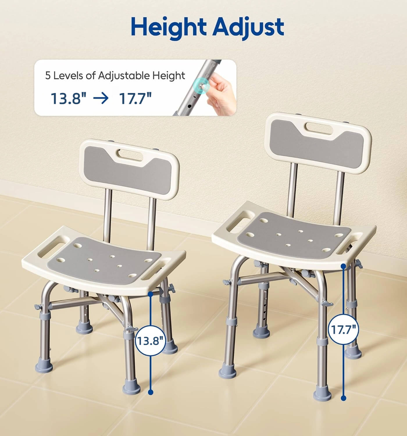 Adjustable height shower seat with measurement details on a beige floor.