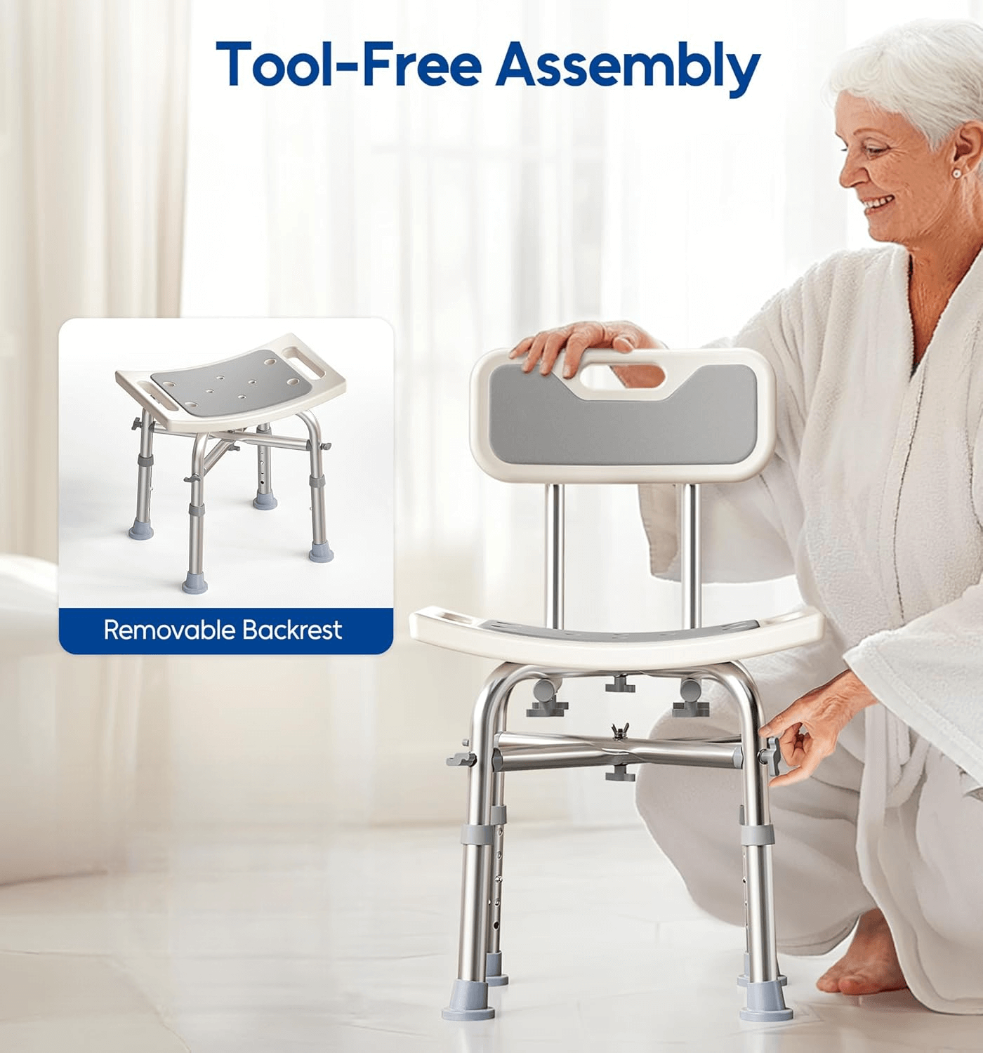 Woman using a bath support seat with a removable backrest, tool-free assembly feature highlighted.