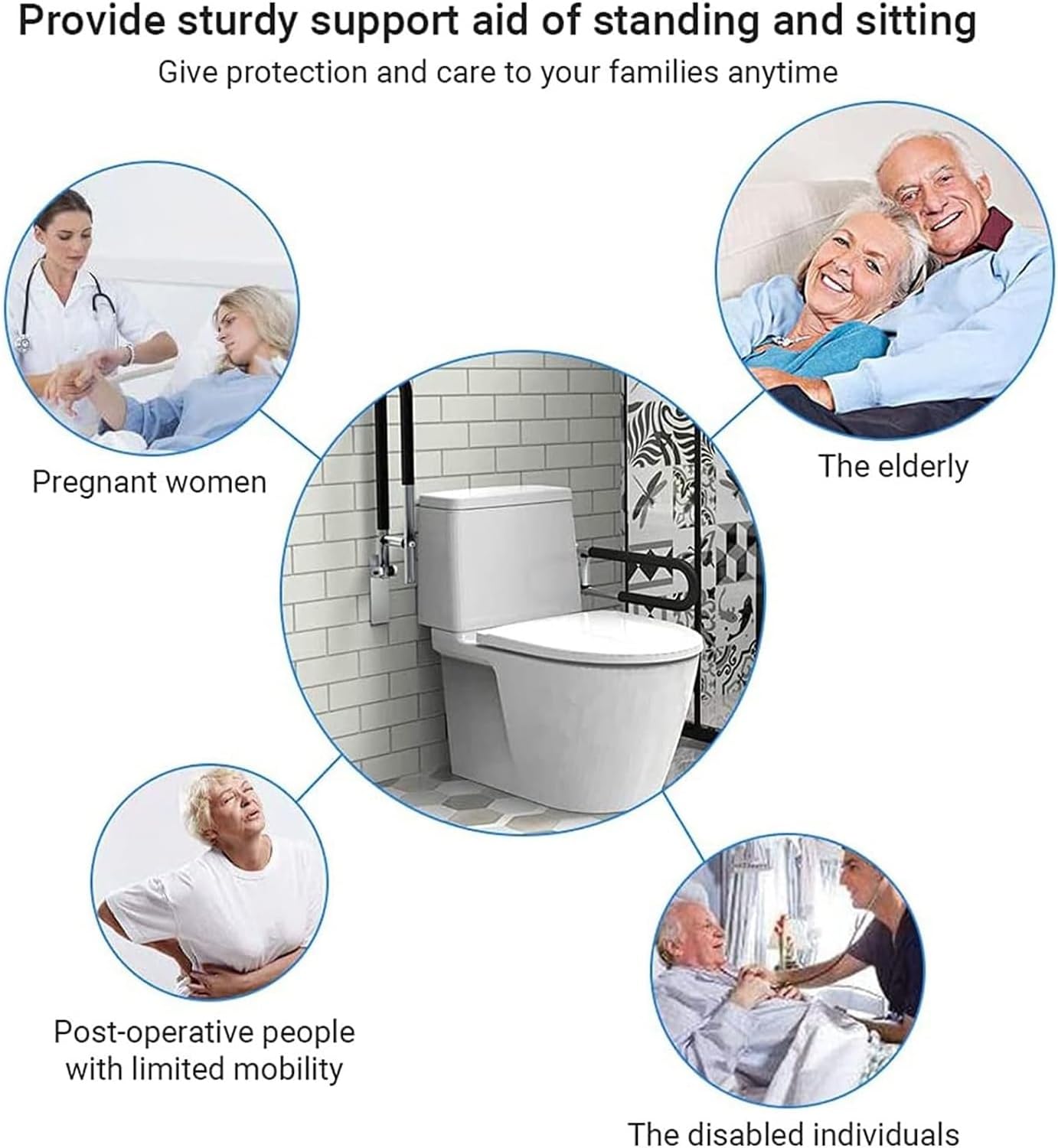 Diagram showing a wall-mounted folding toilet grab bar beside a toilet, illustrated with various everyday use scenarios