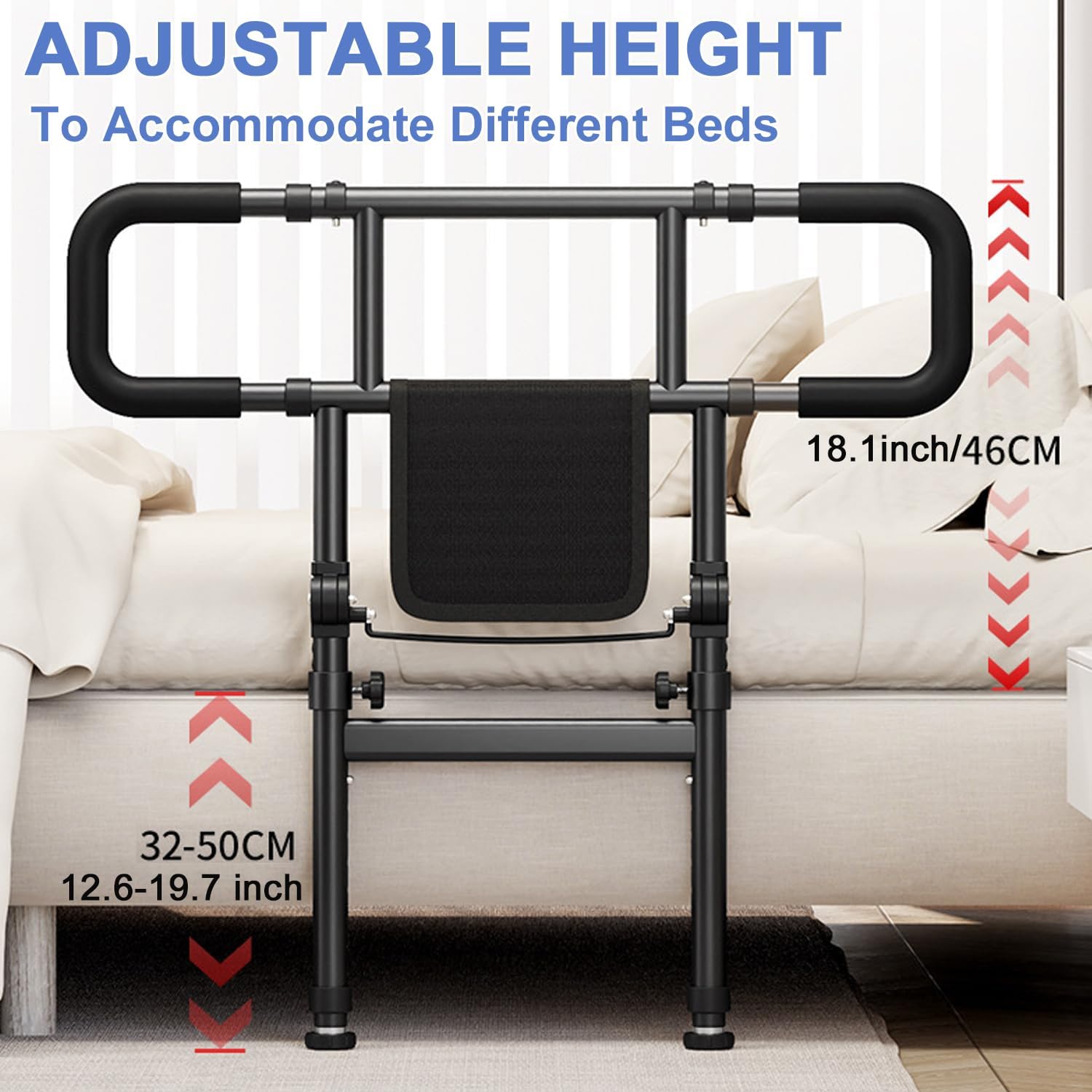 Bed rail with adjustable height settings shown next to a bed, illustrating different height positions for various bed types