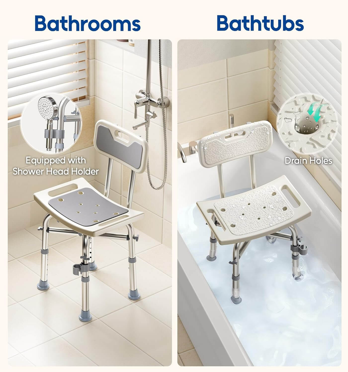 Bath tub and shower seat with shower head holder and drain holes in a bathroom setting.