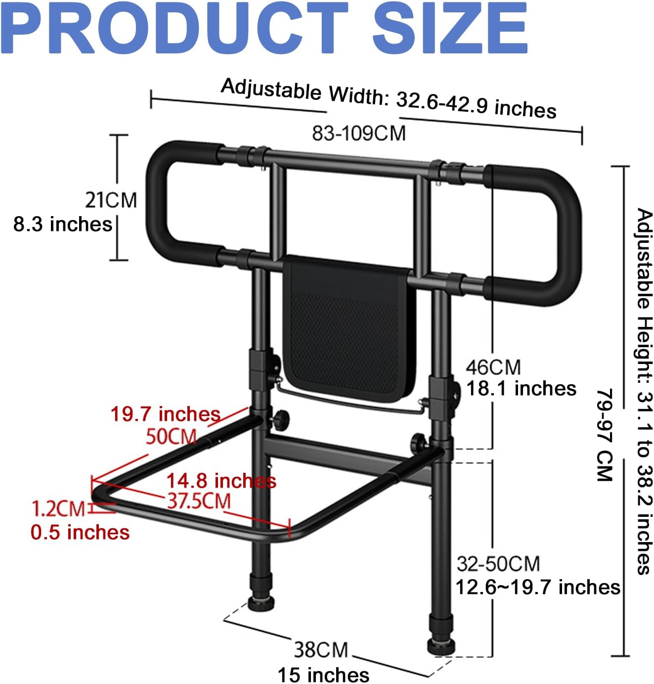 Bed rail product size diagram showing adjustable width, height, and overall dimensions