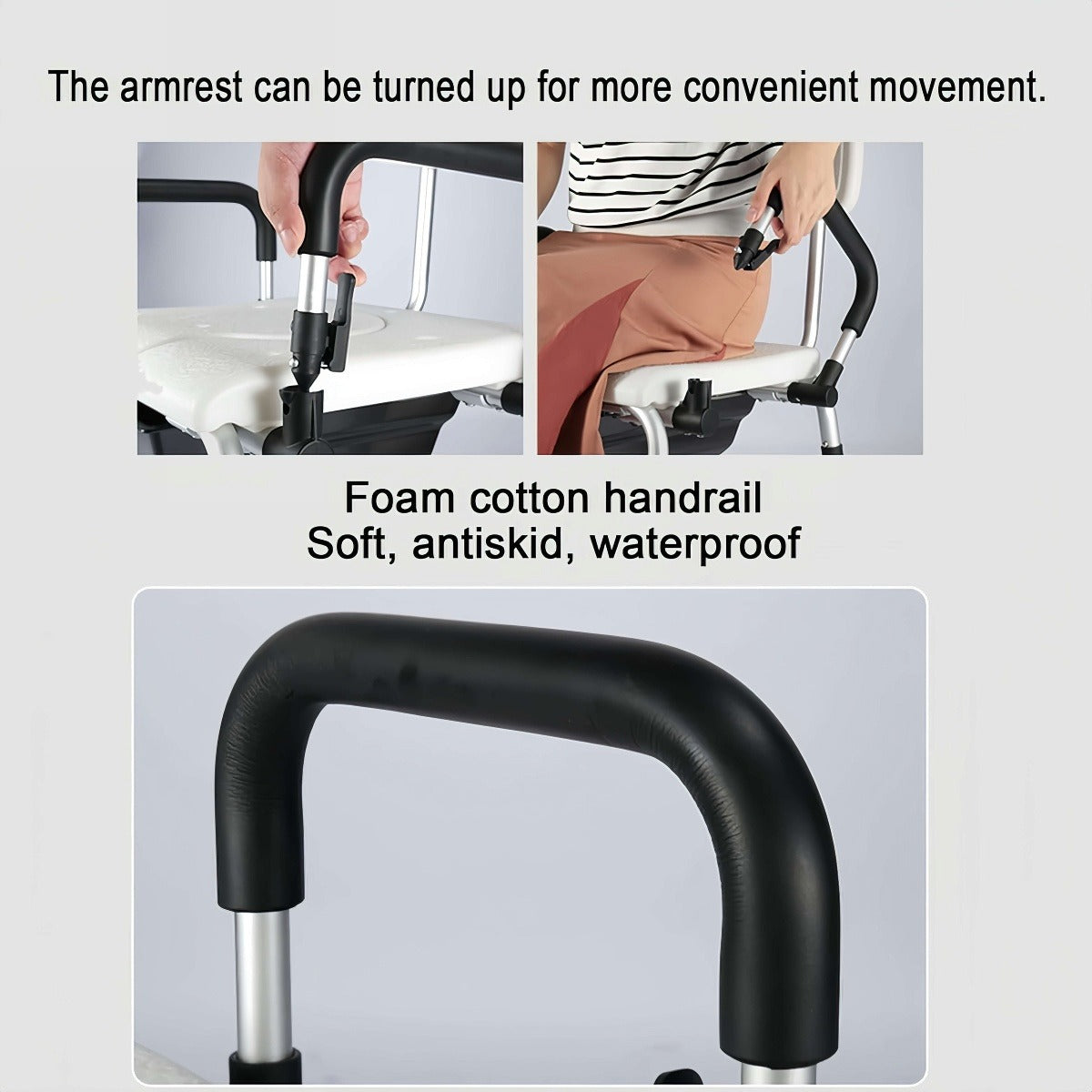 Shower chair detail images highlighting armrest padding, frame joints, and rubber feet