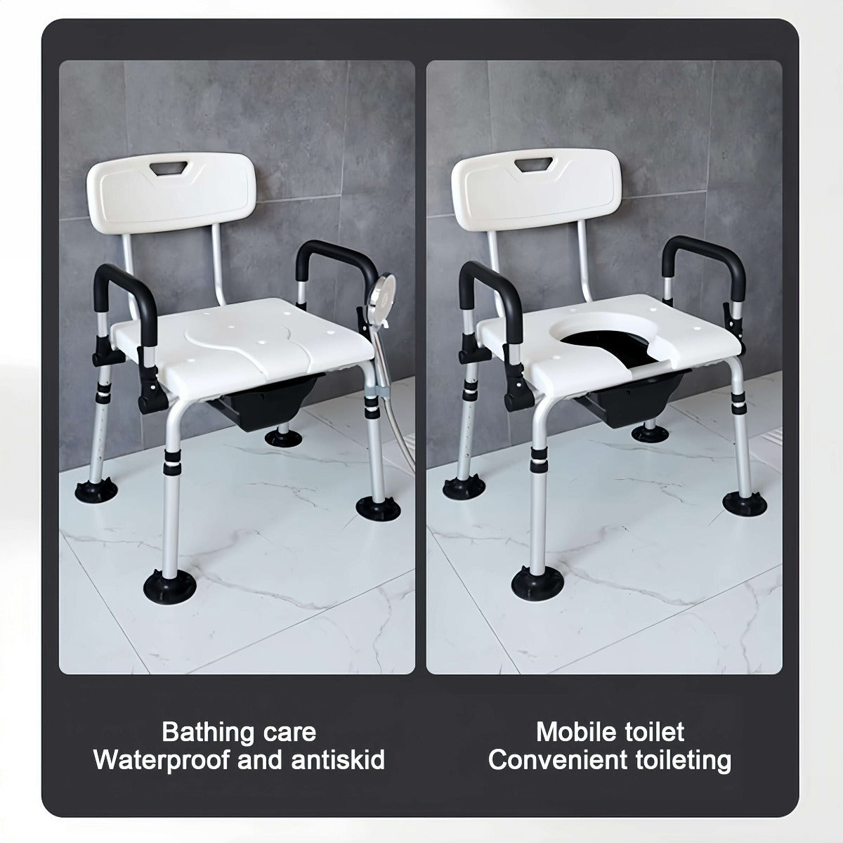 Shower chair shown from multiple angles, displaying frame structure, armrests, and backrest design