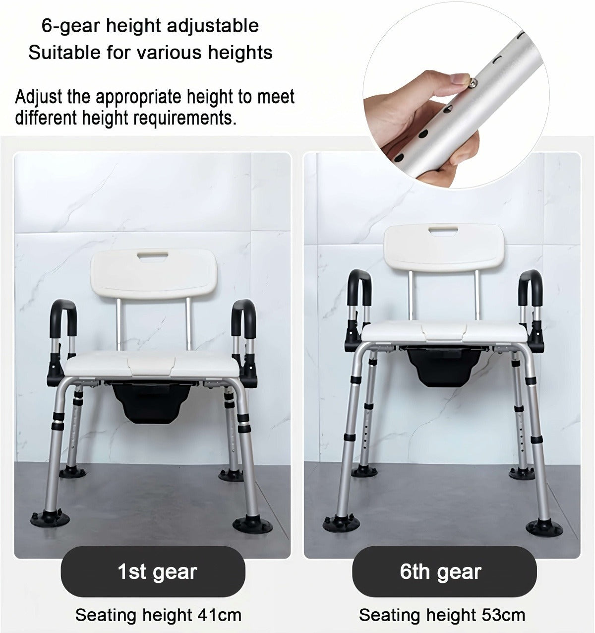 Shower chair shown with adjustable height settings, illustrating multiple leg position options