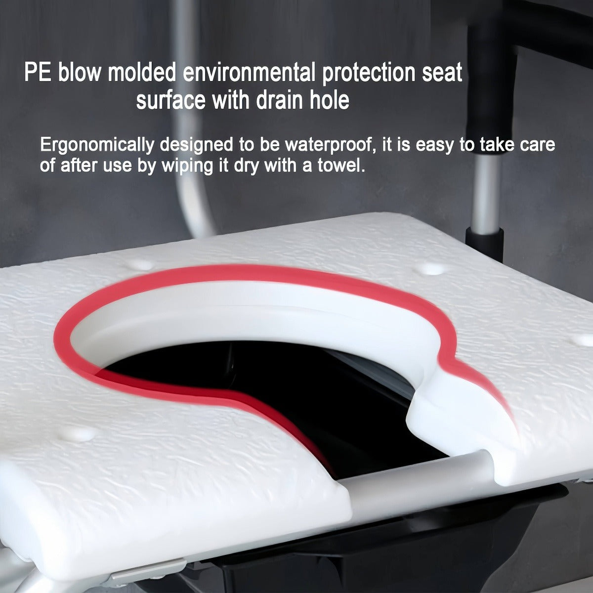 Close-up view of shower chair seat surface showing drainage holes and contoured shape