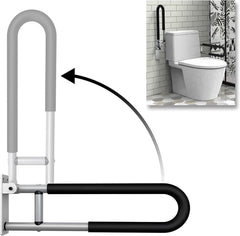 Folding toilet grab bar mounted beside a toilet, showing space-saving hinged design for bathroom support