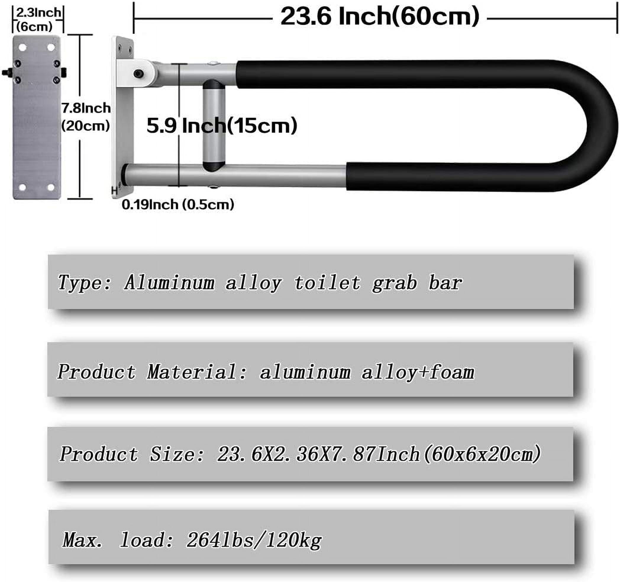 Folding toilet grab bar size and specification diagram showing overall length, mounting plate dimensions, and material details