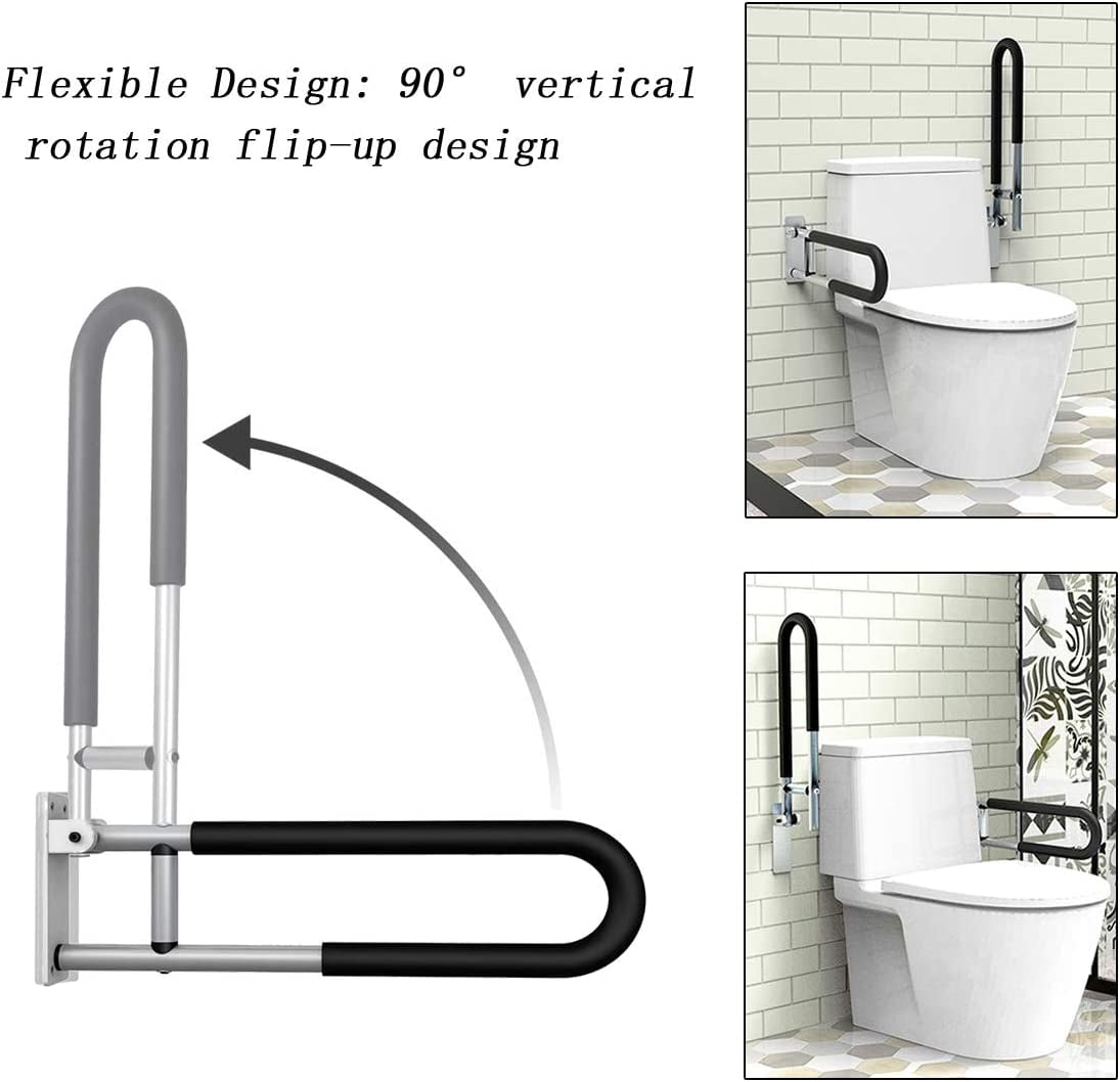 Folding toilet grab bar illustrated with 90-degree vertical rotation, showing flip-up hinge movement beside a toilet