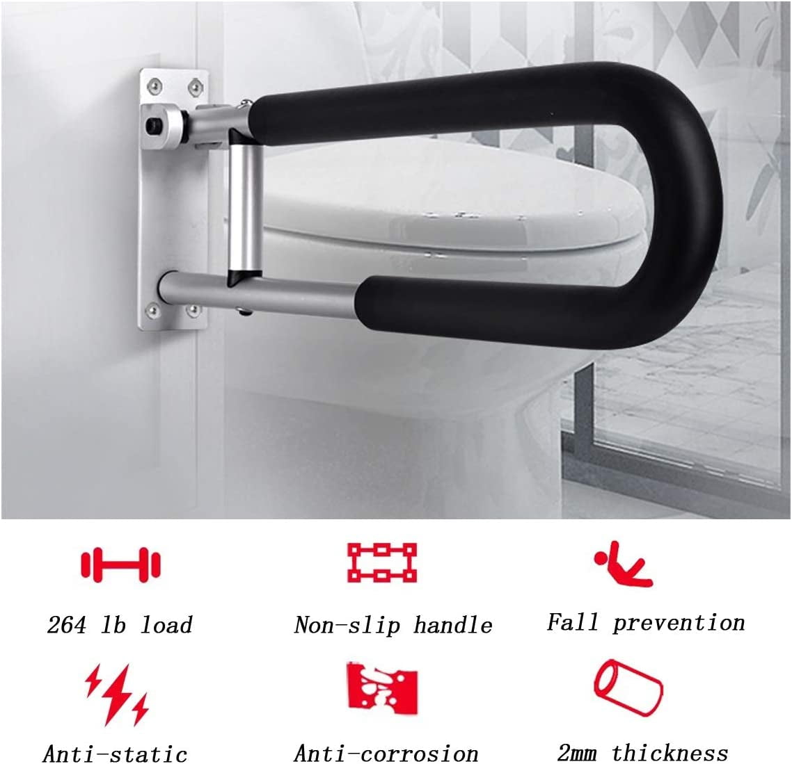 Wall-mounted folding toilet grab bar installed beside a toilet, featuring foam-covered handle and sturdy metal construction