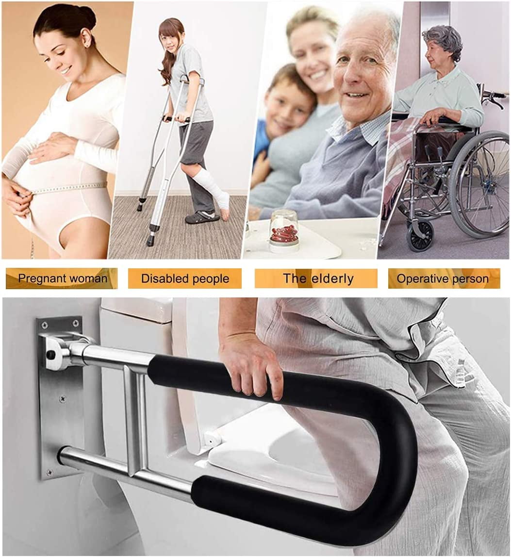 Illustration showing a wall-mounted folding toilet grab bar in use, presented alongside various lifestyle usage examples