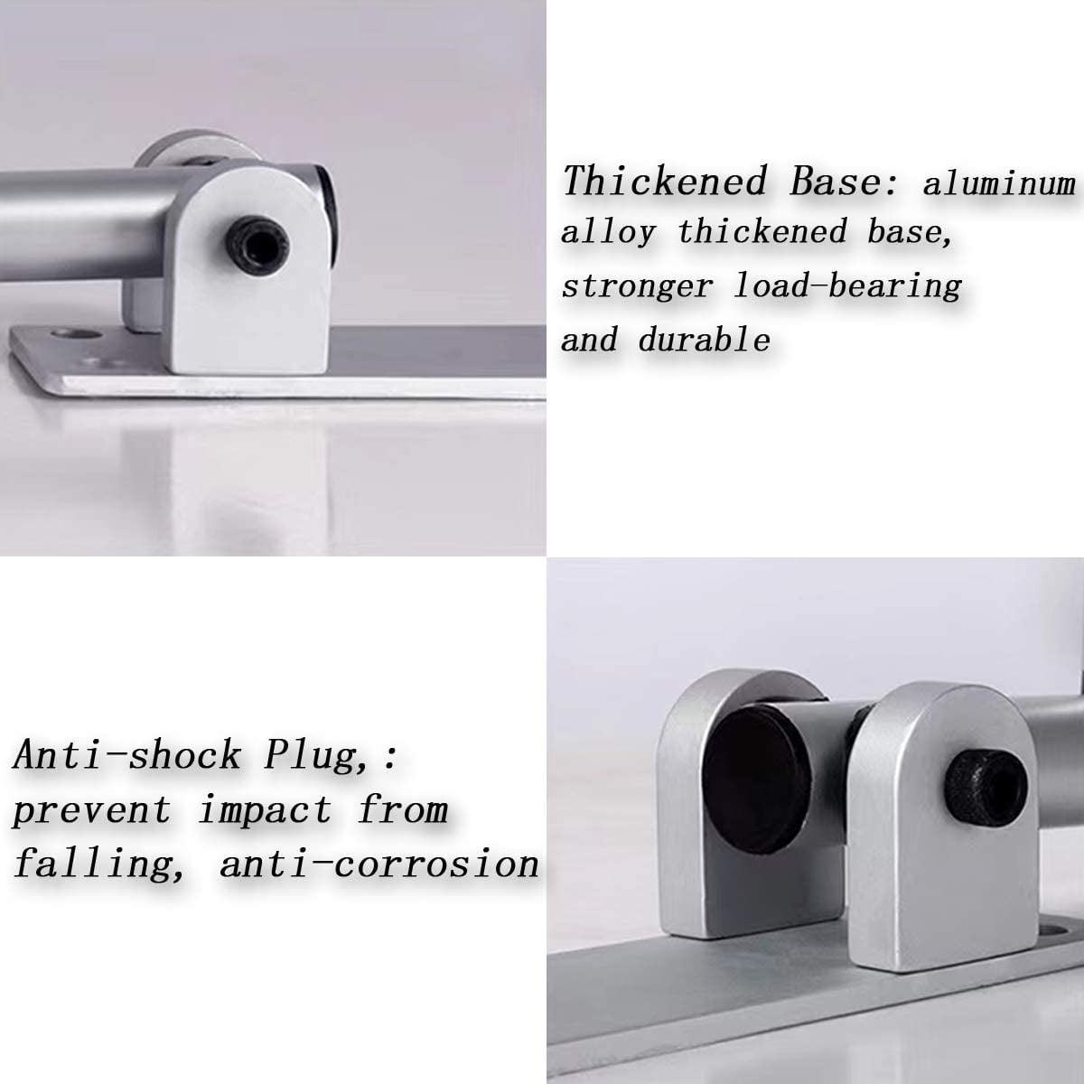 Close-up detail image of a folding toilet grab bar base, showing hinge components and aluminum mounting structure