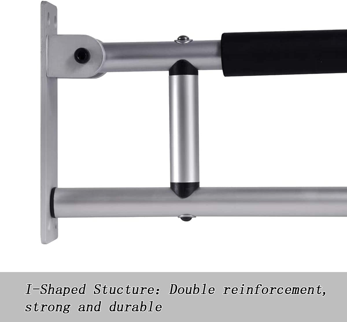 Detail view of a folding toilet grab bar showing I-shaped internal support structure and mounting connection