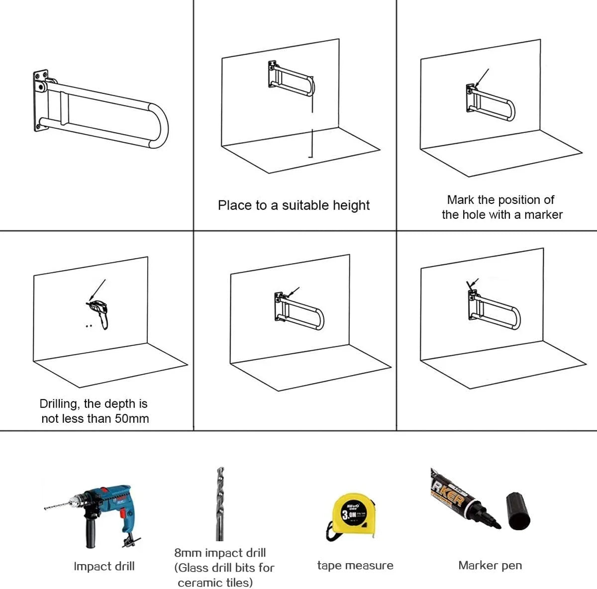 Step-by-step installation diagram for a wall-mounted folding toilet grab bar, showing positioning, drilling, and mounting process