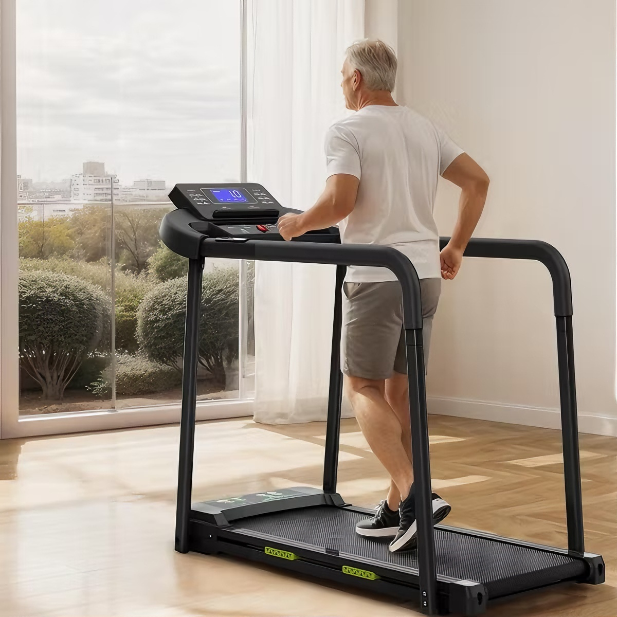 Walking pad treadmill with handle for home fitness, senior walking exercise indoors