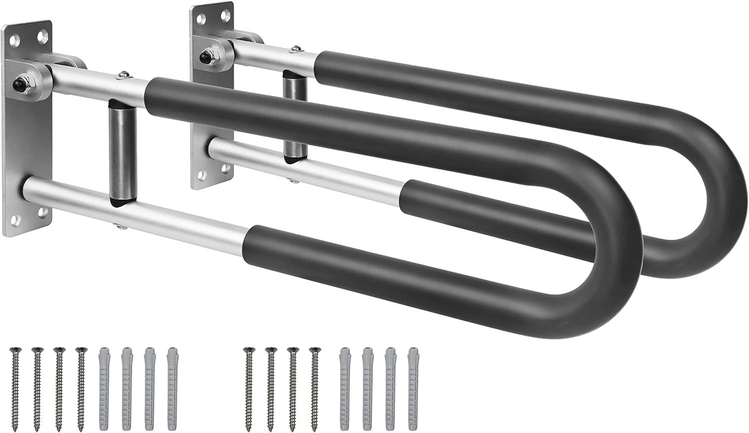 Wall-mounted folding toilet grab bar shown with mounting hardware and installation screws