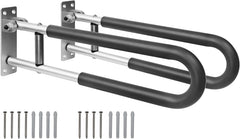 Wall-mounted folding toilet grab bar shown with mounting hardware and installation screws