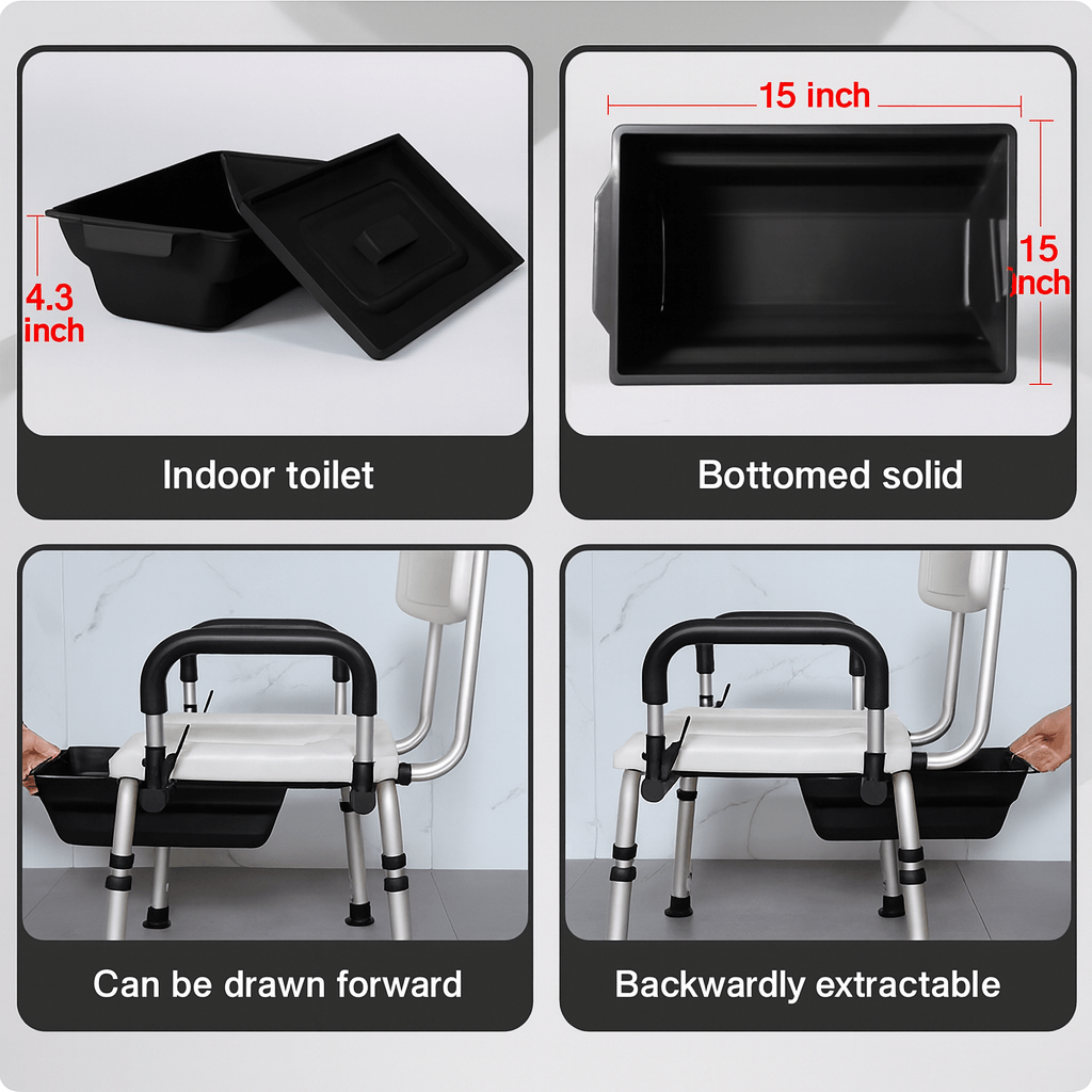 Shower chair armrest detail image showing flip-up mechanism and padded handle design