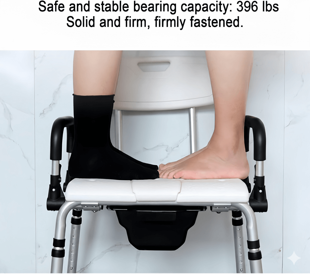 Shower chair displayed with seated positioning and removable bucket shown beneath the seat