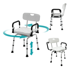 Rotating shower chair with lift-up armrests and stable aluminum frame