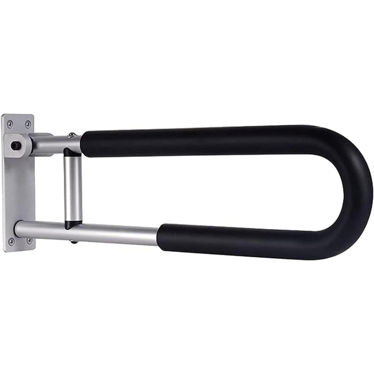 Side view of a wall-mounted folding toilet grab bar with padded handle and hinged arm design